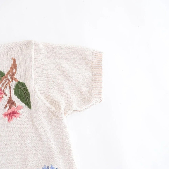 Vintage 220 Hickory Tan Pink  Floral Knit Short Sleeve Crewneck Sweater M - Picture 5 of 12